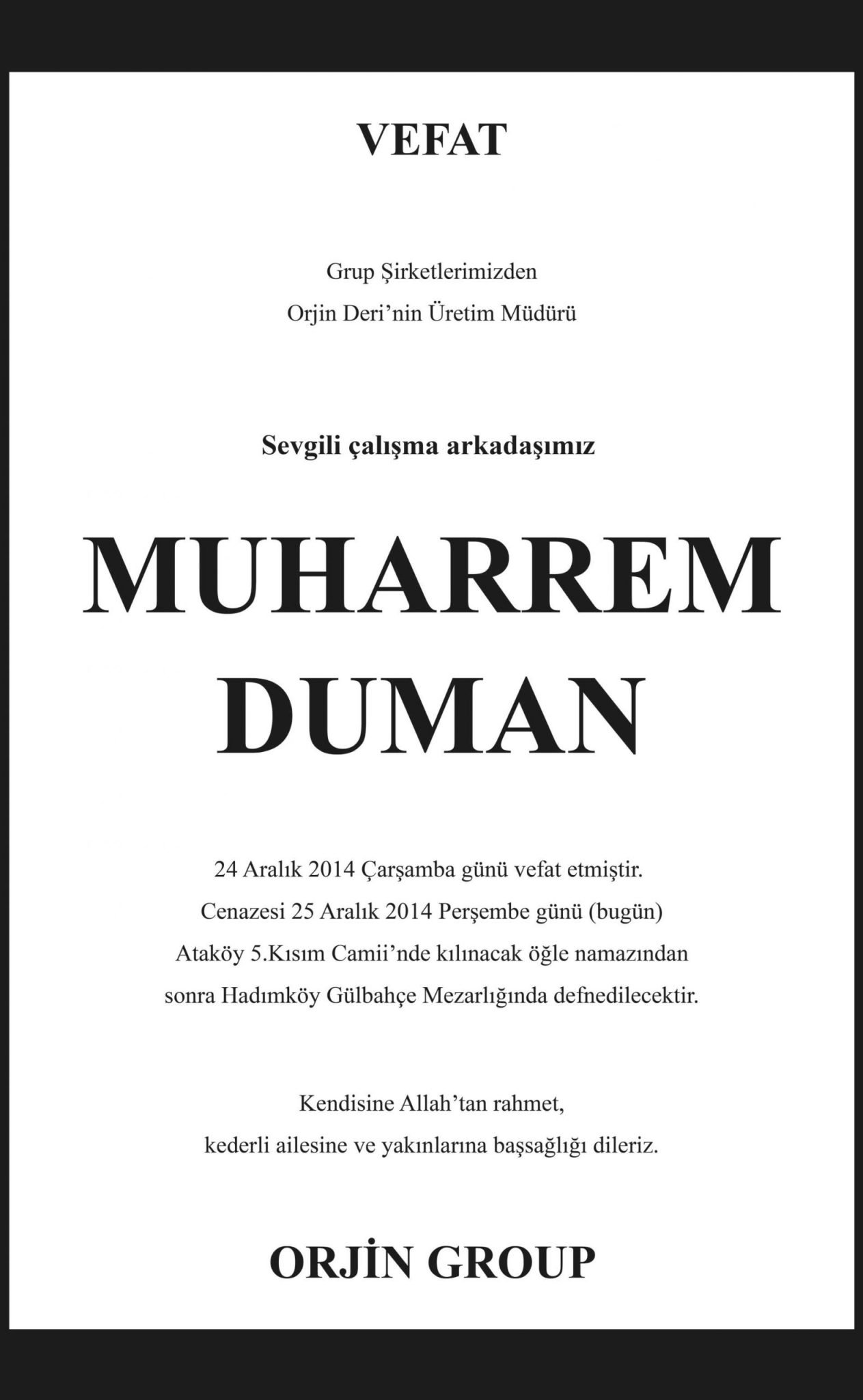 Nefes Gazetesi tam sayfa vefat ilan örneği